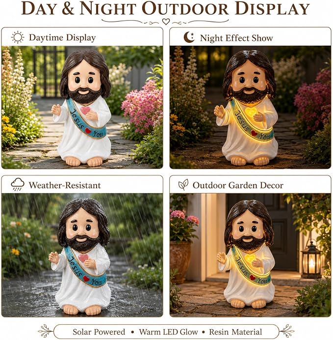 YDKOJGW Solar Garden Outdoor Statues with Succulent and 7 LED Lights - Lawn Decor Tortoise Statue for Patio, Balcony, Yard Ornament - Unique Housewarming Gifts (Multicolor-Jesus)