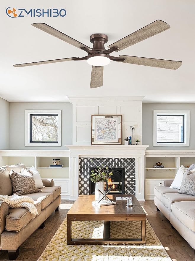 ZMISHIBO 60 Inch Ceiling Fans with Lights, Remote&App Control, Flush Mount | Low Profile, Dimmable 20W LED Light, Quiet Reversible Motor, Strong Airflow, Easy Install for Bedroom/Living Room/Apt, Brown