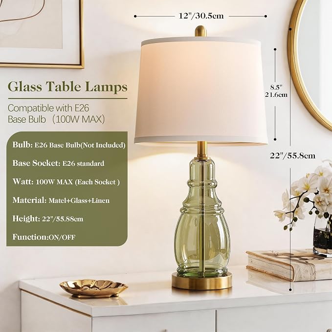 ROTTOGOON Glass Table Lamp Set of 2, Modern Table Lamps for Living Room Bedroom, Bedside Desk Lamps Vintage Nightstand Lamps with Linen Shades, 22", Green