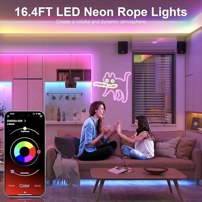 Nexillumi Neon LED Rope Lights 16.4FT, IP67 Waterproof LED Lights for Bedroom Flexible LED Light Strip with Remote and APP Control RGB Lighting Strip for Indoors Outdoors Bedroom Room Home Decor