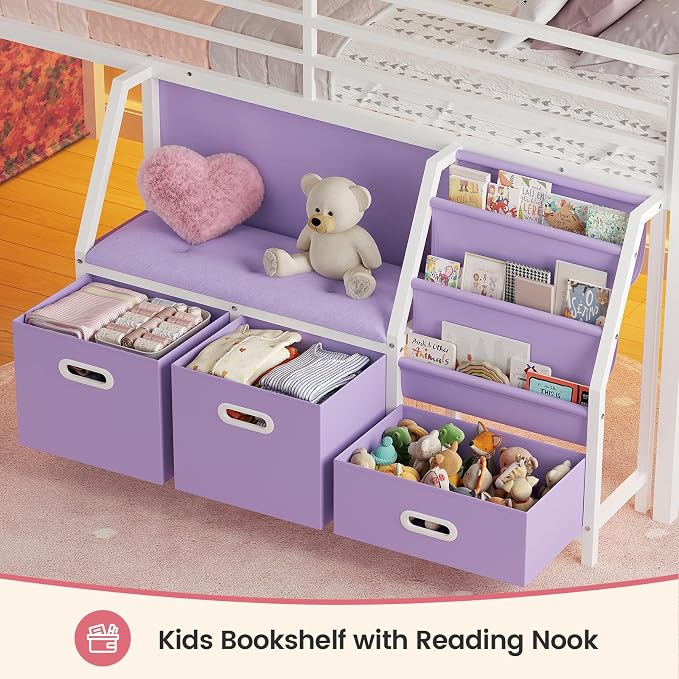 ADORNEVE Low Loft Bed Twin Size with Bookshelf, Reading Nook & 3 Drawers | Purple Kids Loft Bed, LED Light, Storage Drawers, Under-Bed Play Space,Safety Guardrail, Inclined Ladde, Play Curtain