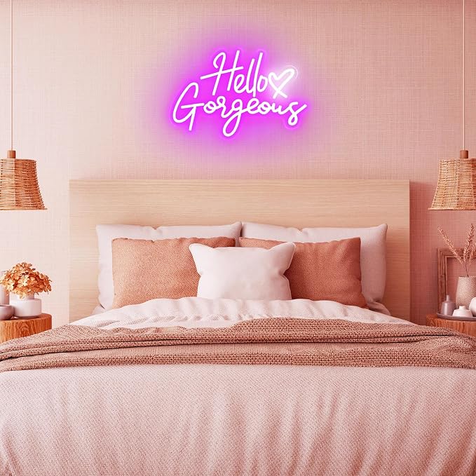 Hello Gorgeous Neon Signs for Wall Decor with Heart, Purple Gorgeous LED Sign Lights for Bedroom Dorm Home Salon Wedding Party, 16"x12" Preppy Cute Room Decor Woman Cave - 100,000H Lifespan