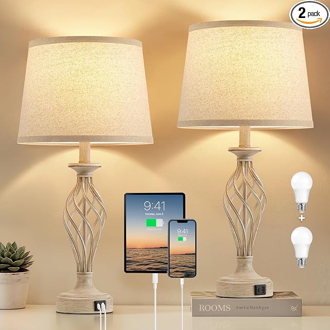 EJIAXIN Bedside Table Lamp for Bedroom Set of 2 - Beige Nightstand Lamps with USB C+A Ports,Rustic Distressed Farmhouse Bedroom Lamp - Lamp for Living Room Reading Bed Side End Table Bulbs Included