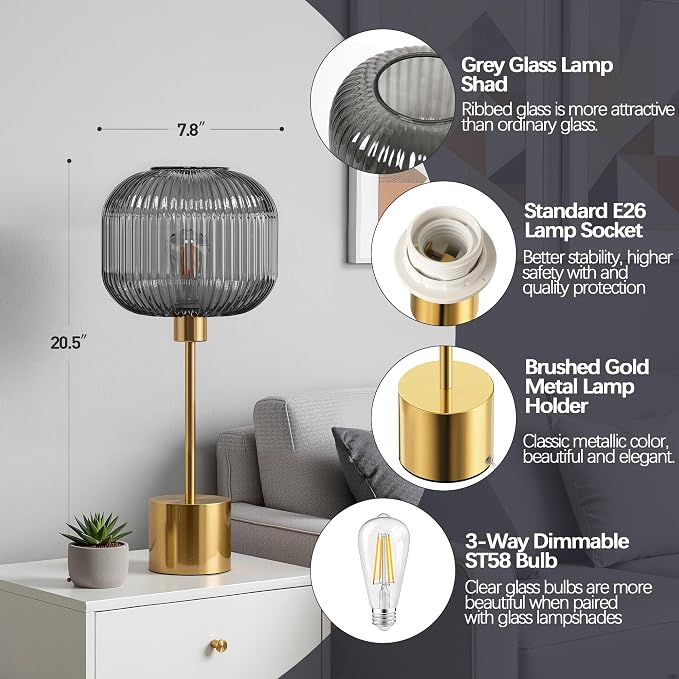 QiMH Glass Table Lamp for Living Room, Modern Bedside Lamp with Grey Ribbed Glass Shade, 3-Way Dimmable Touch Control Nightstand Lamp for Bedroom, Brushed Gold (2700K LED Bulb Included)