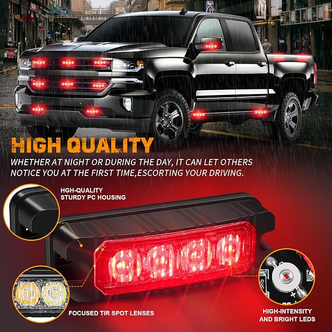 8 Pack Sync Red Grill Emergency Lights 32 LED Strobe Lights | Grille Surface Mount Light Flashing Warning Safety Hazard for Vehicles Trucks Car, ATV, UTV, Motorcycle