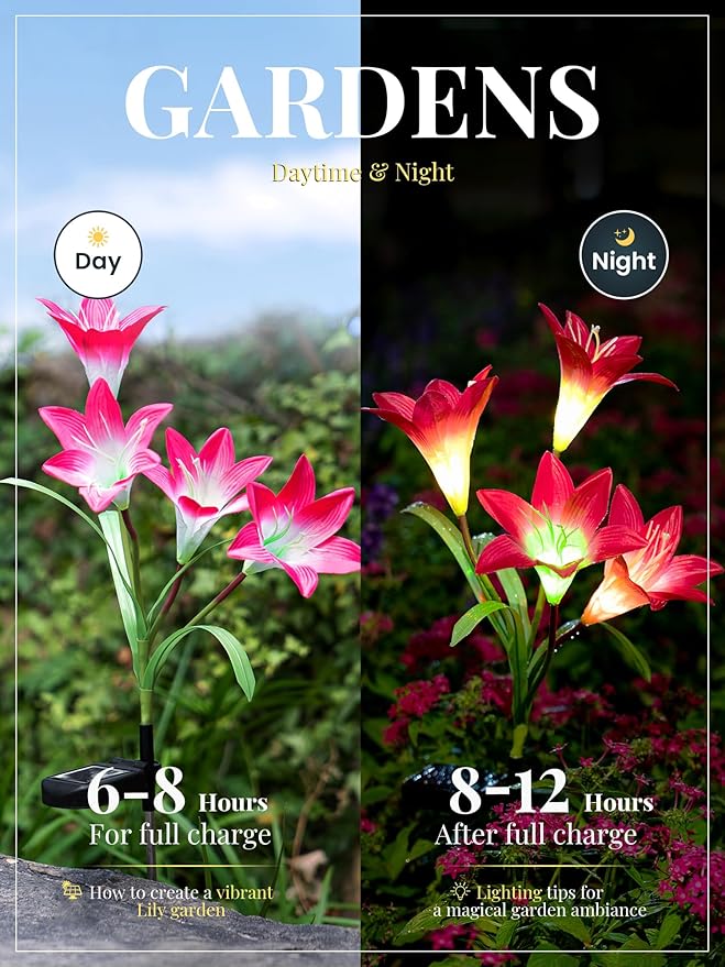 GIGALUMI Solar Outdoor Flower Lights, 4 Pack Waterproof Solar Garden Light, Color-Changing Outdoor Light, Solar Lily Flower, Unique Gifts for Dear Mother(2 Purple, 1 Red, 1 White)