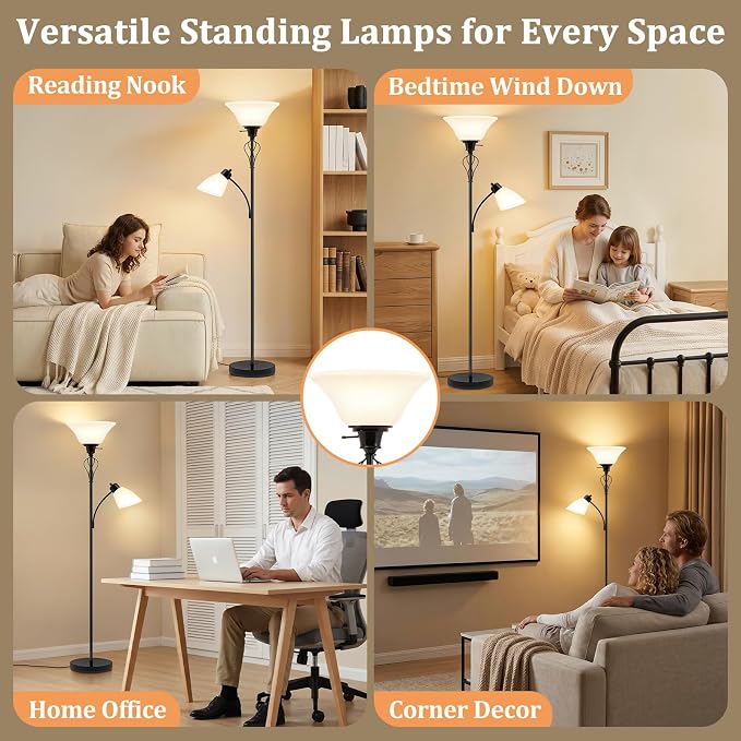 Floor Lamps for Living Room, 70" Tall Torchiere Floor Lamps, Plastic Shade | Tall Lamp with Adjustable Gooseneck Reading Light, Modern Corner Standing Lamp for Bedroom, Office, Separate On/Off Switch