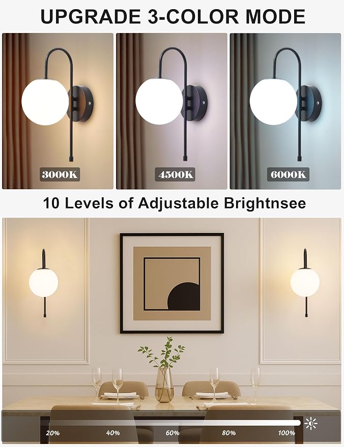 Battery Operated Gooseneck Wall Sconces, Matte Black Globe Glass Set of 2