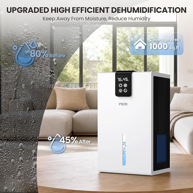 Dehumidifier, Dehumidifiers for Home, 98 OZ Water Tank, (1000 sq.ft) Quiet Dehumidifier for Basement Bathroom Bedroom with Humidity Display, Auto Shut Off, Relaxing 7 Color Ambient Light(White)