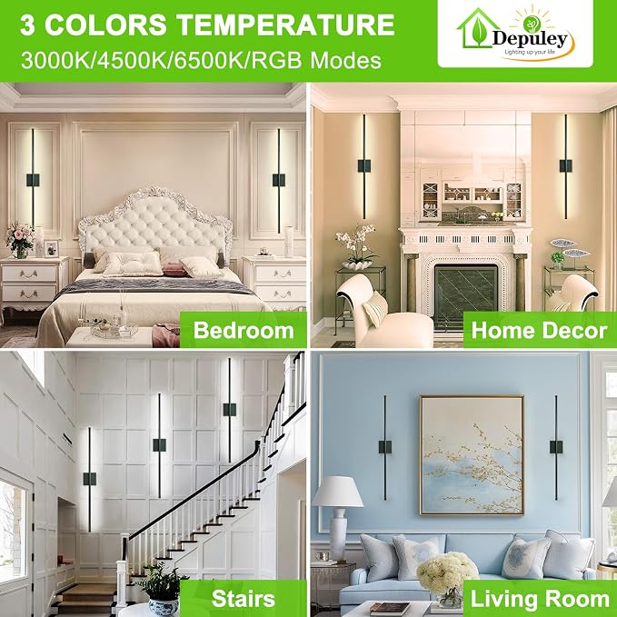 Depuley Wall Sconces Battery Operated: Set of 2 Wireless Wall Lights with Remote for Bedroom - Rechargeable 15 Colors Black Wall Lamp for Living Room Hallway Home Decor