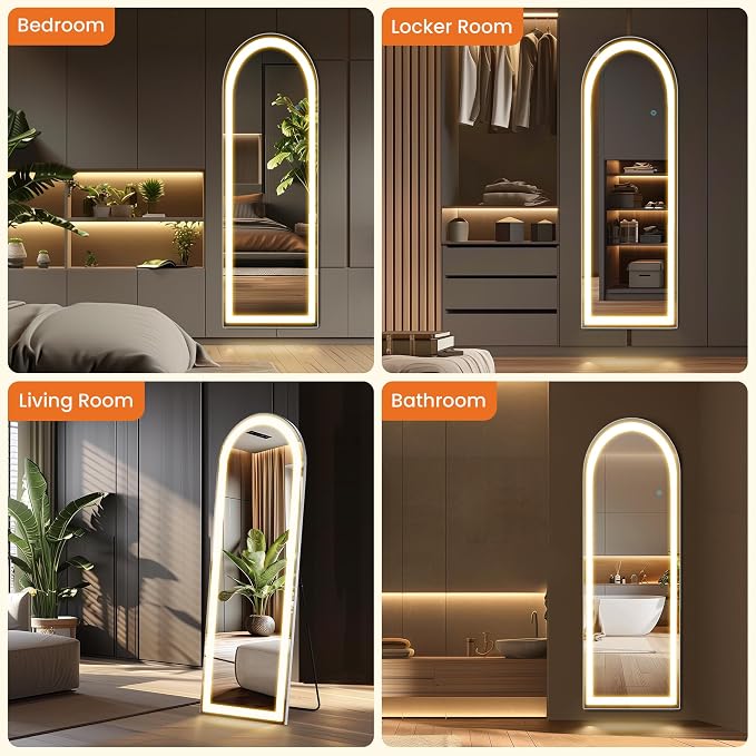 Arched LED Mirror Full Length, 63x20 Inch Tall Floor Mirror Body Mirror | Free Standing Floor Mirror with Aluminum Frame Accent, 3 Color Lighting for Home Decor, Bedroom Decor and Cloakroom