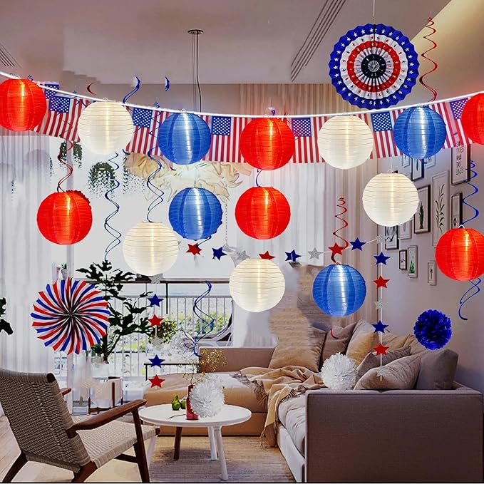 4th of July Decoration Light, 25Ft Red White and Blue Lantern Lights with 11 LED Bulbs (1 Spare Bulbs), Hanging Patriotic Decor Lights for July 4th, Independence Day, Yard, Garden, Memorial Decor