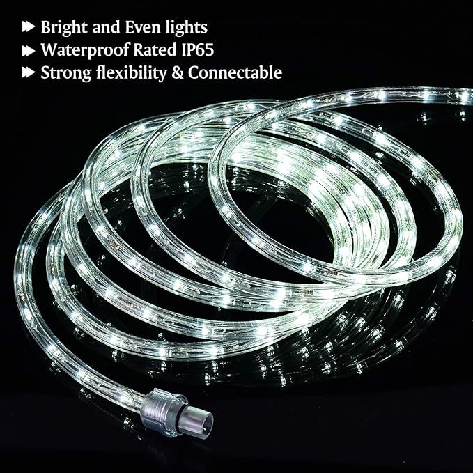 20ft LED Rope Lights, IP65 Waterproof Connectable 110V 6000K 144LED Daylight White Rope Lighting, Flexible Plug-in String Lights for Outdoor Indoor Patio Christmas Halloween Party Decoration