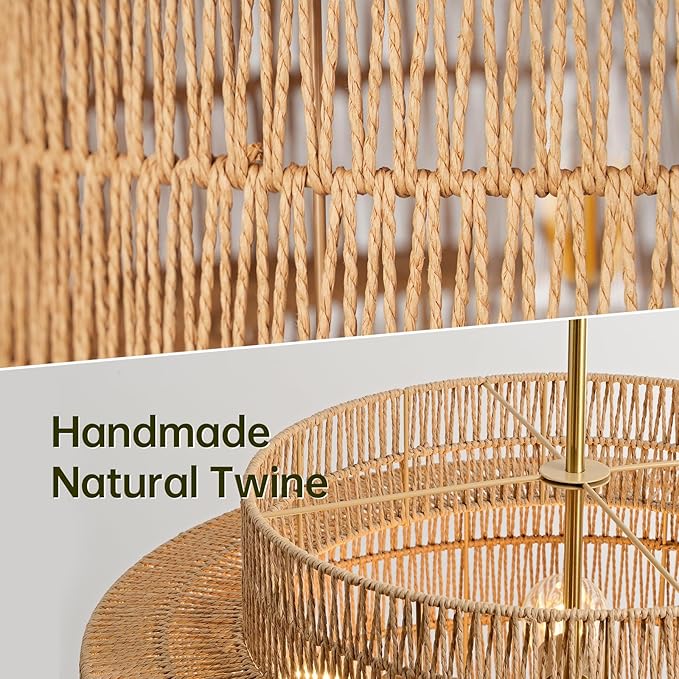 24” Boho Large Rattan Chandelier Light Fixture,6-Light Large Hand Woven Pendant Light Fixture Farmhouse Rustic Chandeliers for Kitchen Bedroom, Dining Room, Living Room, Hallway, Foyer