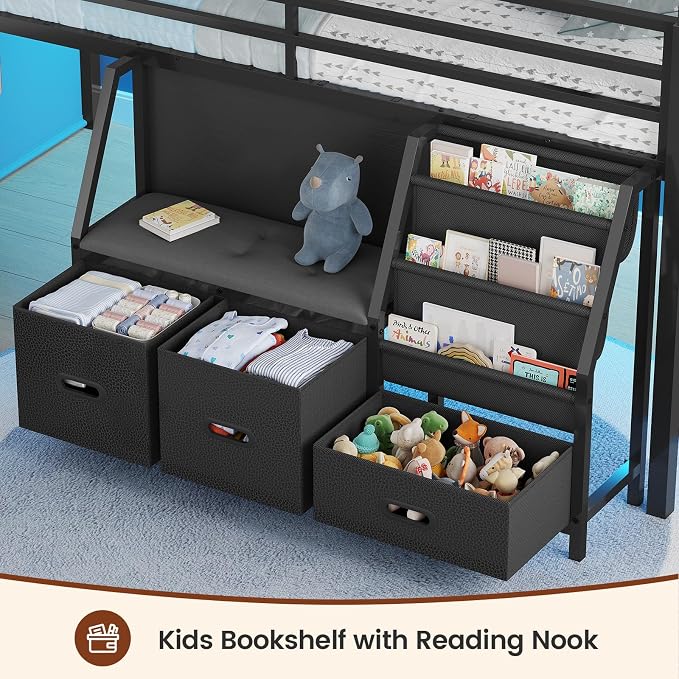 ADORNEVE Low Loft Bed Twin Size with Bookshelf, Reading Nook & 3 Drawers | Kids Loft Bed, LED, Storage Drawers, Beside Box, Under-Bed Play Space,Safety Guardrail, Inclined Ladde, Play Curtain, Black