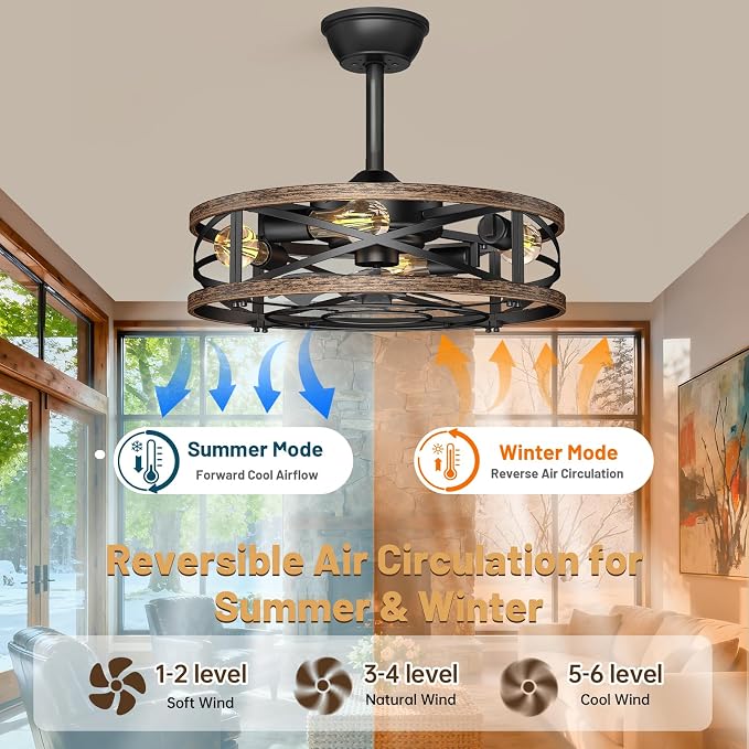 20in Caged Ceiling Fan with Lights, Low Profile Ceiling Fan, Small Rustic Industrial Farmhouse Ceiling Fans with Lights,Reversible Flush Mount Fandaliers Fan Light Ceiling Fixture for Bedroom Kitchen