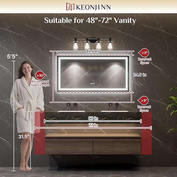 Keonjinn 48" x 24" Lighted Mirrors for Bathroom Wall with Bluetooth Speaker, Frontlit & Backlit LED Bathroom Mirror, Bluetooth Mirror Bathrooms, Tempered Glass, Anti-Fog, 3000K/4500K/6500K, Dimmable