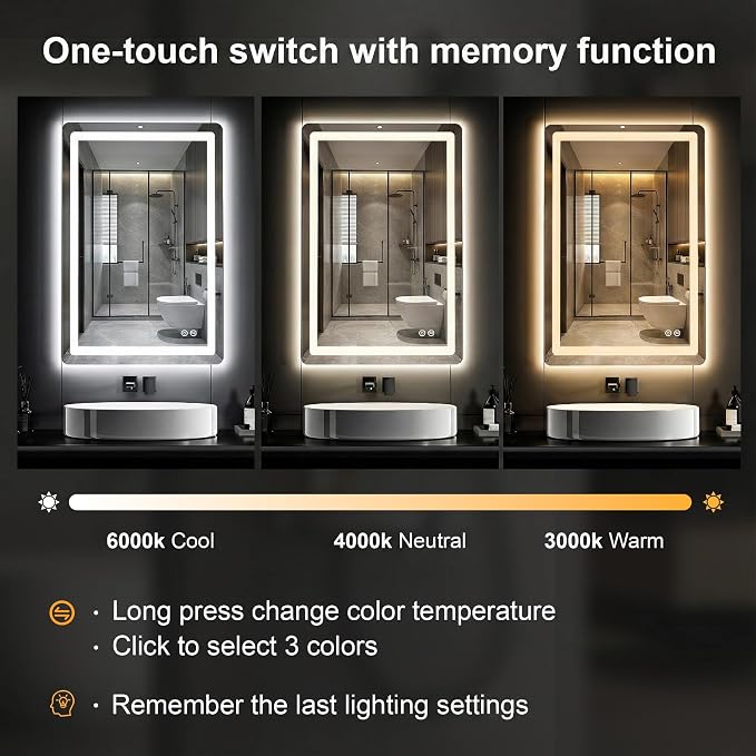 LED Bathroom Mirror with Lights, 24 x 36 Lighted Vanity Wall Mirror | Backlit and Frontlit, Anti-Fog, Dimmable 3 Colors, Shatter-Proof Tempered Glass, Memory Function, Plug-in/Hardwired