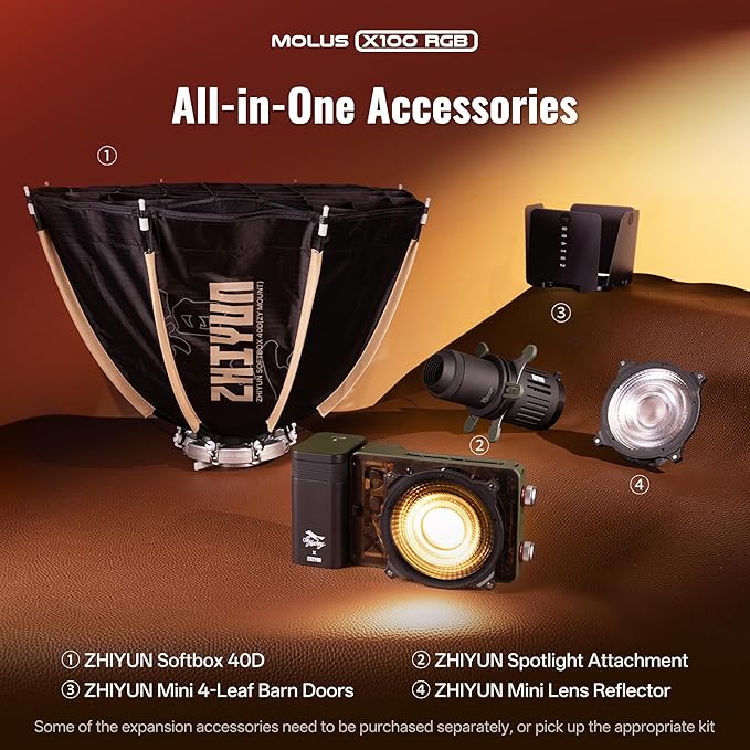 ZHIYUN MOLUS X100 RGB PRO 100W Video Light [Official] V2 Upgraded Version Professional Photography Lighting Portable Continuous Output Lighting 2500K~10000K CRI≥95 TLCI≥97 Only 384g (Green Collab)
