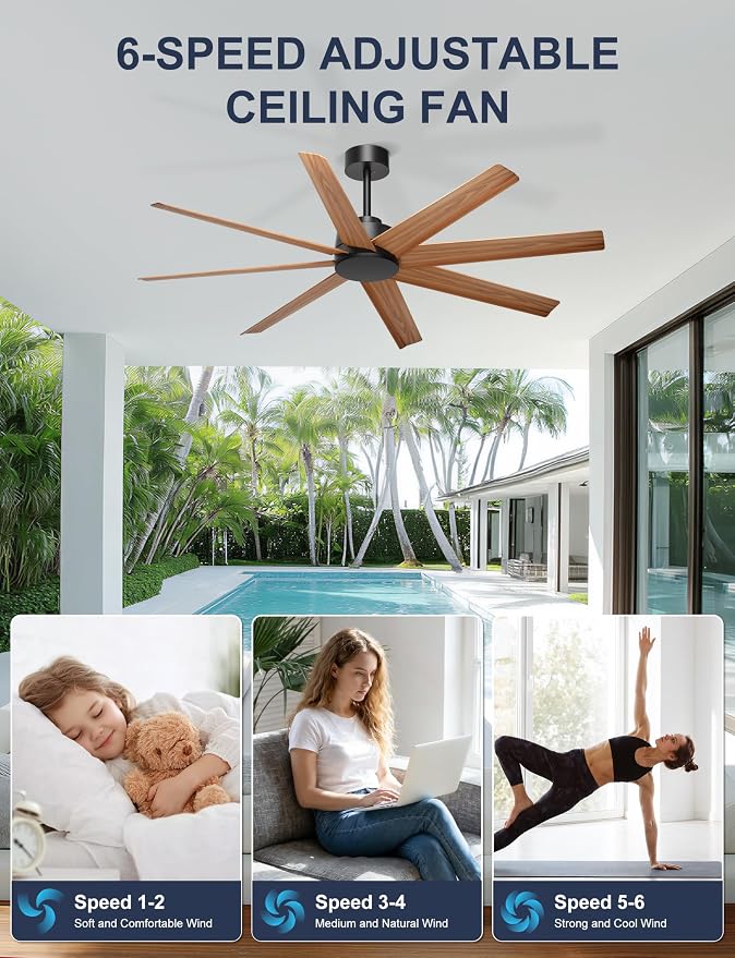 Ohniyou 60" Modern Farmhouse Ceiling Fan No Light for Patio, Porch, Deck | Remote/App Control, Quiet DC Motor, Covered Outdoor Fan with 8 ABS Blades, Black and Wood Color