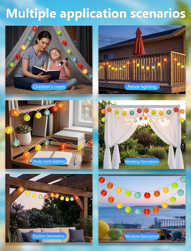 8.5Ft Multicolor Lantern String Lights, Summer Hanging String Lights with 10 Colorful Lanterns, Nylon Lights for Indoor Outdoor Party Decor, White Wire