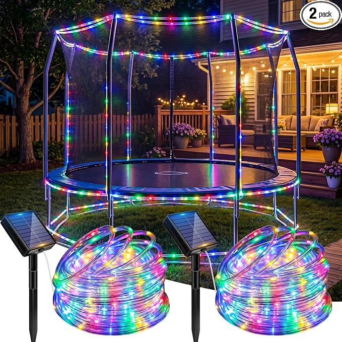 Solar Rope Lights, 2 Pack 33FT 100 LED Solar Fairy Lights with 8 Lighting Modes, IP65 Waterproof Trampoline Lights Outdoor for Yard Patio Deck Fence Tree Party Holiday Decoration, Multicolor