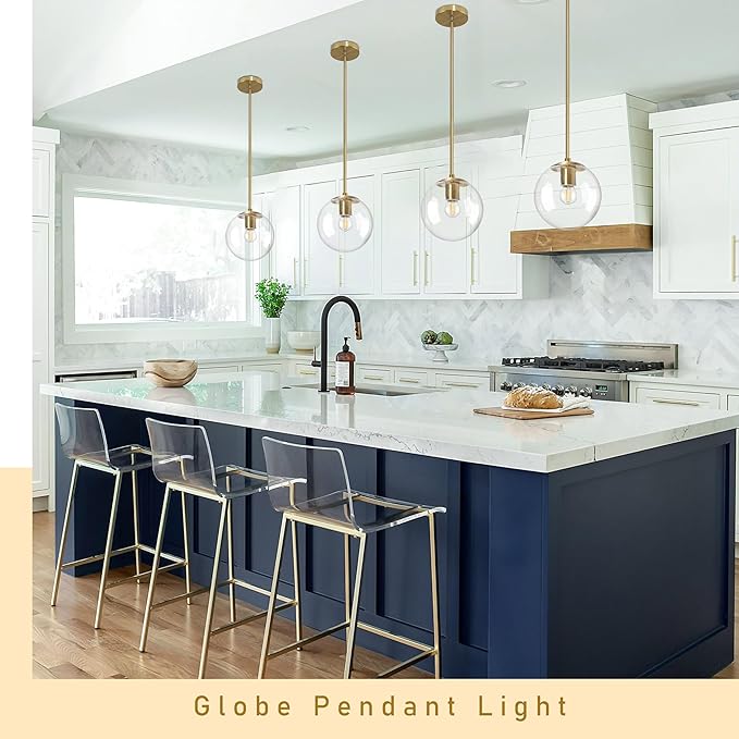 8" Globe Pendant Light Gold Mid Century Modern Light Fixture Clear Glass Pendant Lights Kitchen Island Modern Pendant Lights Brushed Brass Finished with Clear Glass Lampshade for Bedroom