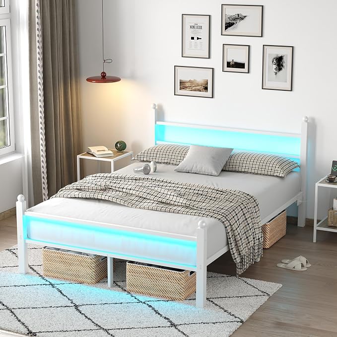 CollaredEagle Full Bed Frame with LED Lights and Charging Station, White | Full Size/ Metal Frame/ Built-in Charging Station/ RGB LED Lights/ Noise-Free/ 10.8 inch Under-Bed Storage