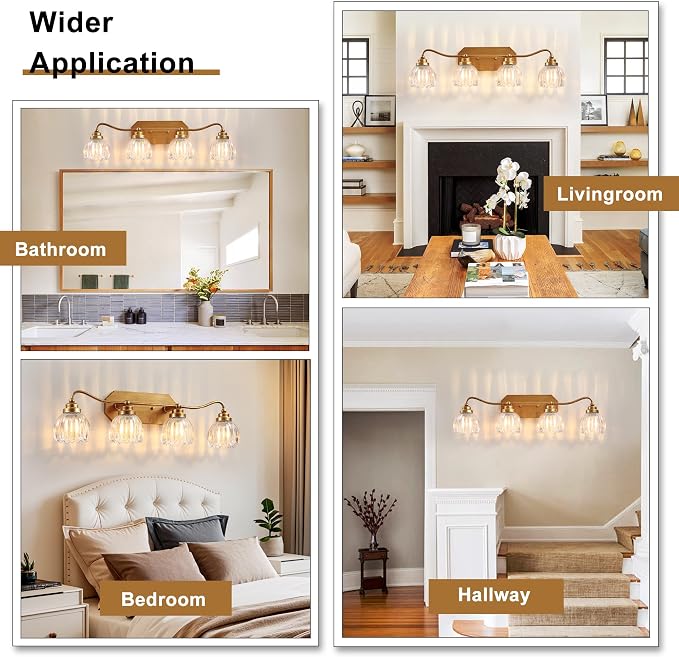 4 Light Gold Vintage Vanity Lights, Antique Brass Finish | Clear Tulip Crystal Shades,Brushed Gold Bathroom Light Fixtures, Wall Sconce Ideal for Bedroom, Hallway, Easy to Install