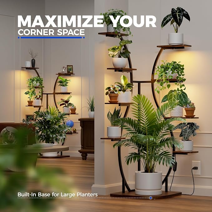 Barrina LS12 Corner Plant Stand with Grow Lights, 9-Tier, Full Spectrum | 62.2" Tall Plant Shelf, Warm T5 Grow Light, Timer, S-Shape Corner Flower Holder for Living Room, Home Decor, Gardening