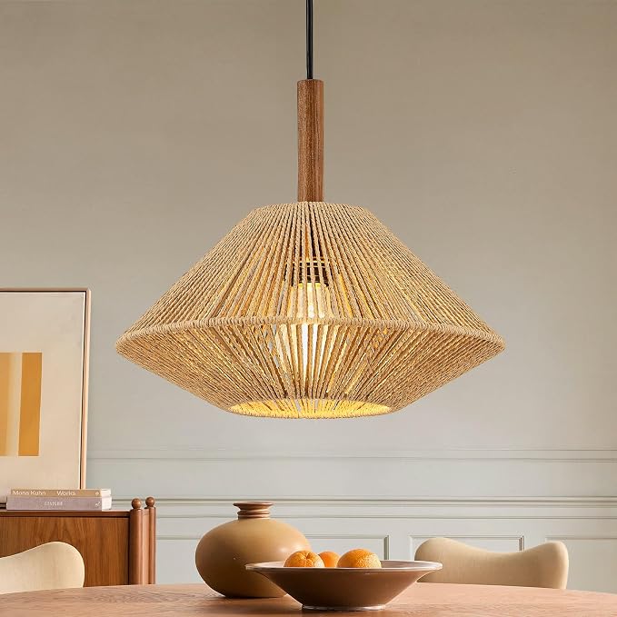 ELYONA 12.6" Boho Pendant Light Fixtures, Rattan Woven Pendant Light with Solid Ash Wood, Hanging Light for Kitchen Island, Farmhouse Ceiling Light for Dining Room Bedroom Living Room