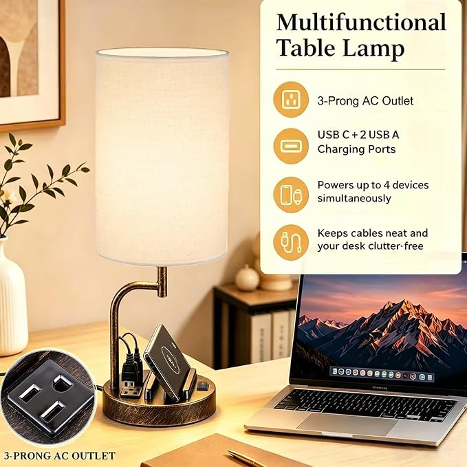 Dreamholder 2 Pack Table Lamp, Bedside Lamp with 3 USB Charging Ports & AC Outlet, USB Desk Lamp with 2 Phone Holders, Linen Fabric Shade Nightstand Lamps for Bedroom Living Room Office, Antique Brass