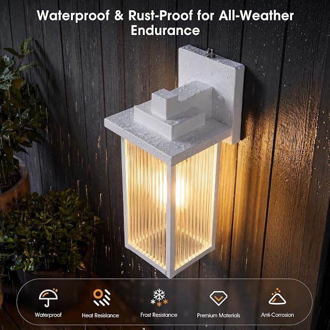 15-Inch Dusk to Dawn Outdoor Wall Light, White Porch Light All-Metal | Auto On at Dusk, Off at Dawn. Textured Glass Softens Glare. Waterproof Rust-Resistant Metal. Pre-Assembled DIY Install