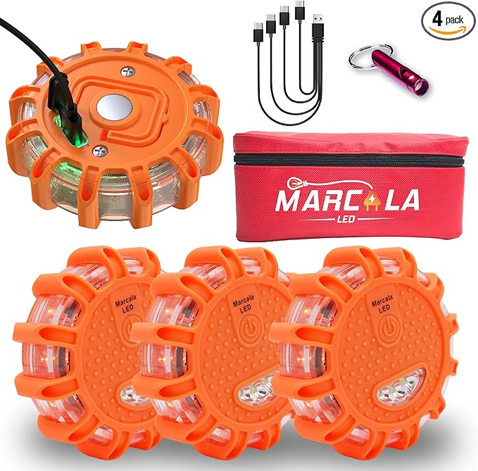 Marcala 4-Pack Rechargeable Emergency Lights For Vehicles | Largest 1200mAh Battery in the Market | Red Diode LED Road Flares Rechargeable | Hazard Lights for Vehicles with Included USB-C Cable