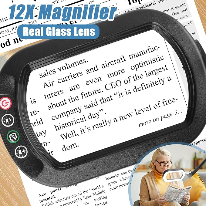 IVMAIE 12X Magnifying Glass with Light and Stand, Real Glass Lens, 5 Color Modes LED Dimmable Lighted, 3-in-1 Floor Lamp with Clamp, Hands Free Magnifier for Reading, Craft Painting Close Work, Black