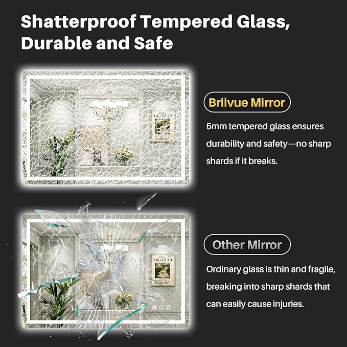 50x36 Inch LED Bathroom Mirror with Lights, Backlit & Front Lit | Anti-fog, 3 Color Dimmable, Memory Function, HD Reflection Tempered Glass, ETL Listed, IP54 Waterproof
