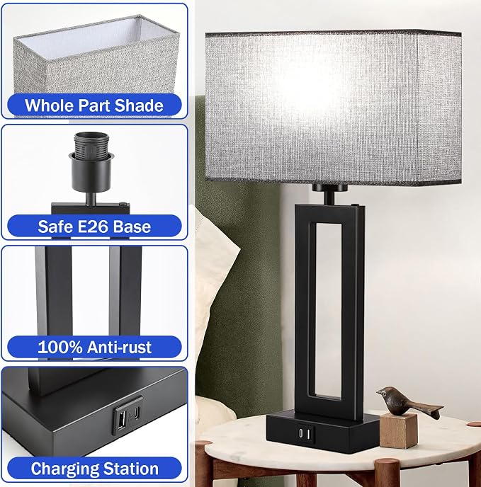 Modern Nightstand Lamps Set of 2 - Touch Control Bedside Table Lamps with USB C&A, 3 Way Dimmable for Bedrooms & Living Room, Gray & Black