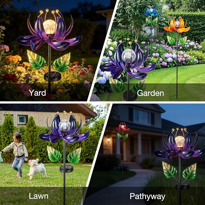 AIINY Solar Purple Metal Flower Wind Spinners, Colorful Spinning Windmill Lotus Yard Art Lights with LED Crystal Ball Decorative Stake Lighting Flower Sculpture