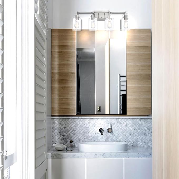 Brushed Nickel 4-Light Bathroom Light Fixture Over Mirror Sink, 4-Light Bathroom Vanity Lights Brushed Nickel Vanity Wall Sconce for Mirror