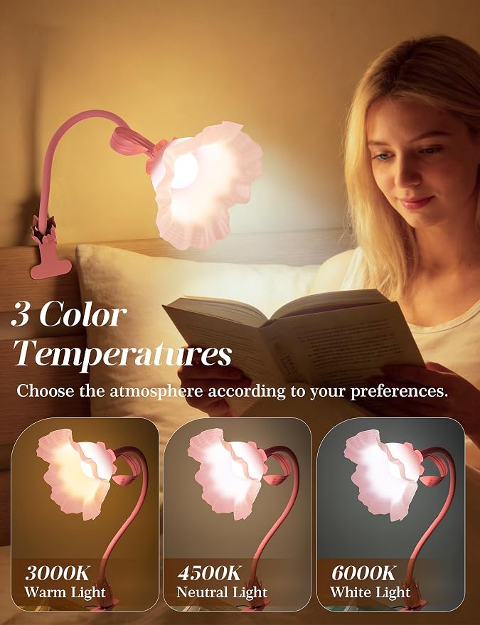 Flower Clip On Desk Lamp for Home and Dorm - Cute Floral Clip On Bedside Book Reading Light, Pink Flower Bunk Bed Lighting, Kawaii Led Flexible Gooseneck Table Lamp for Headboard with Clamp