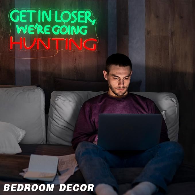 Funny Hunting Neon Sign - LED Light for Man Cave Garage, Country Outdoor Decor, Deer Hunter Wall Art Gift for Guys, Dimmable USB Powered(16.9 * 7.5inch)