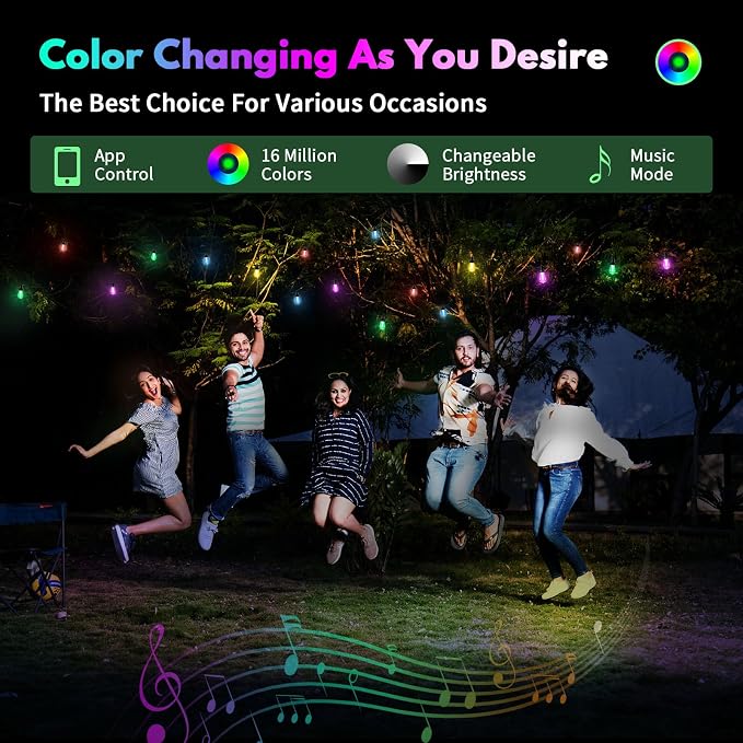 BBG Color Changing Outdoor String Lights Waterproof, 50FT Patio Lights | 20 Shatterproof LED Bulbs, RGBW 2700K Warm White, Smart App and Remote Control, Custom Colors, Dimmable, Music Sync and Timer