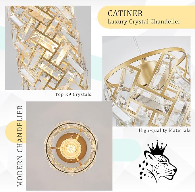 CATINER Modern Crystal Pendant Light Fixture 3-Pack Gold Finish Hanging Lighting Crystal Chandelier for Kitchen Island