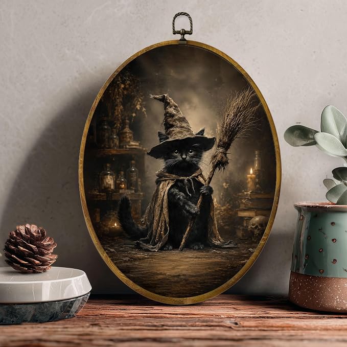 Black Cat Witch Oval Wall Art, Framed Canvas Decor, 8.5x11.5 Inch | Black cat in witch hat with broom, dark gothic spooky Halloween wall decor