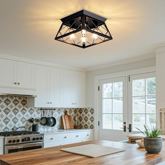 Mayful Black Farmhouse Flush Mount Ceiling Light Fixturet, 4-Light Rustic Hallway Light Fixtures, Square Industrial Close to Ceiling Light Fixtures for Kitchen Entryway Foyer, Bulb Not Included