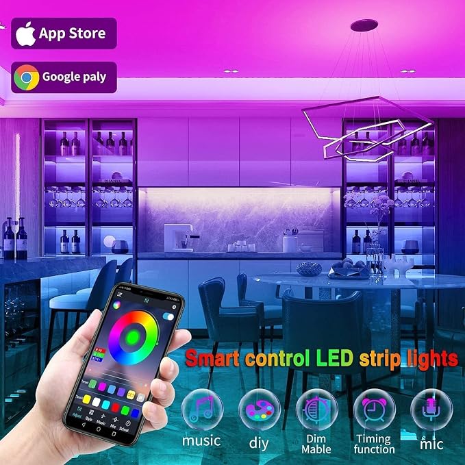 REEMEER Led Lights 100ft Smart APP Control Music Sync Strip Lights RGB Color Changing Strips with Remote, for Bedroom Kitchen and Party