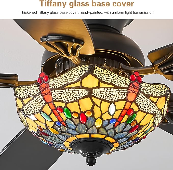 Tiffany Ceiling Fans with Lights-52"Ceiling Fan Chandelier and Glass Shade | 52" Ceiling Fan Chandelier with 5 Dual-Blades and Glass Shade, 6 Speeds and Reversible, Indoor and Outdoor, Retro Style