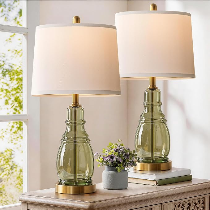 ROTTOGOON Glass Table Lamp Set of 2, Modern Table Lamps for Living Room Bedroom, Bedside Desk Lamps Vintage Nightstand Lamps with Linen Shades, 22", Green