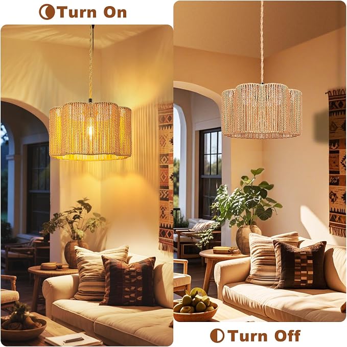 Hanging Lamps Rattan Pendant Light Hanging Lights 16.4ft Plug in Cord Pendant Light Fixture Plug Into Wall Outlet Pendant Lighting with On Off Switch for Bedroom Living (Cylindrical Flower Shade)