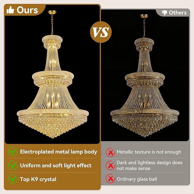 42'' W Luxury 3-Tier Empire Crystal Chandelier, 36 LED Bulbs, 480 Hand-Strung K9 Crystals (4 Spares), 79-Inch Adjustable Chain, Ideal for Foyer, Staircase, Double-Height Living Room (Gold)